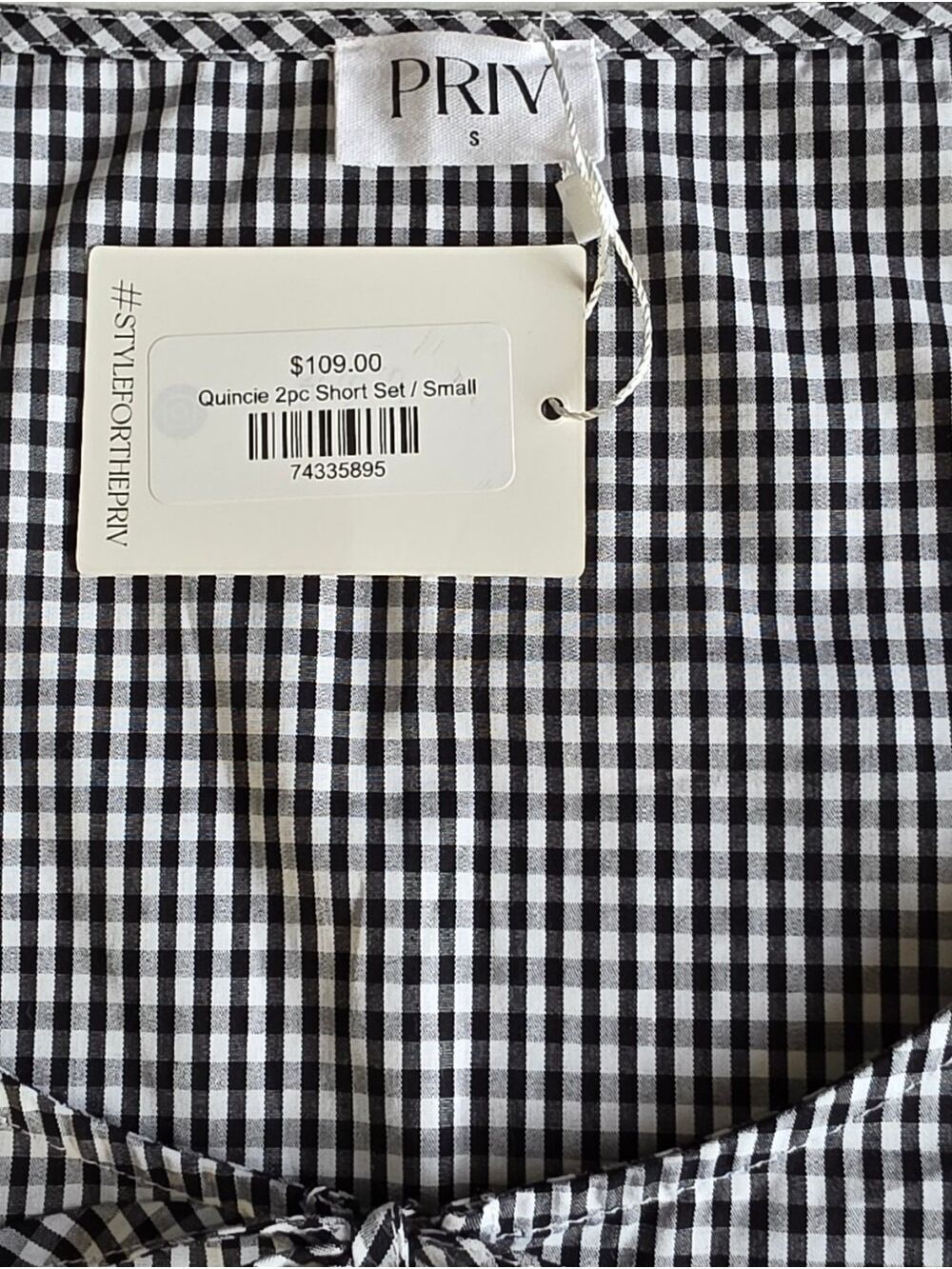 PRIV Black Gingham 2-Piece Top & Shorts Set Small Pockets Designed In Canada - Picture 10 of 15